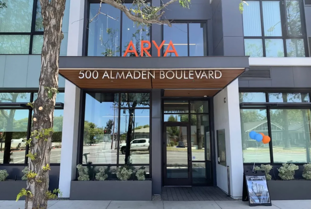 Entrance to Arya Apartments, a new 87-unit complex located on Almaden Boulevard in San Jose